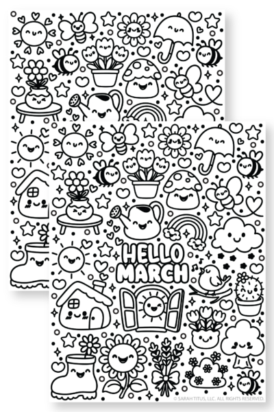 Free printable Hello March coloring sheet with kawaii spring icons like clouds, mushrooms, watering can, hearts, and stars