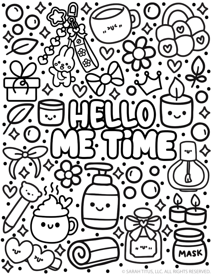Cute Hello Me Time self-care coloring sheet in black and white with bubble letters and adorable spa doodles, candles, and cozy drink icons.