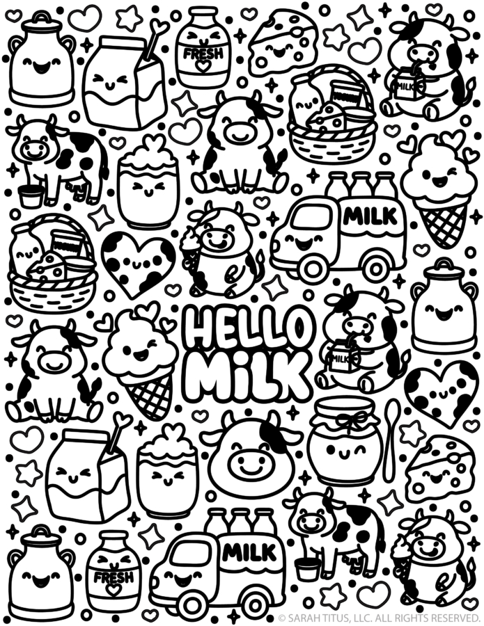Hello Milk coloring page with kawaii cows, milk bottles, milk cartons, cheese, dairy trucks, farm baskets, and cute doodles.