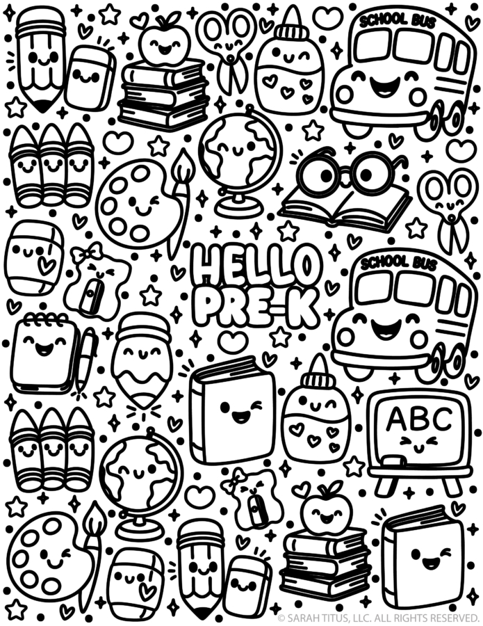 Hello Pre-K coloring page with kawaii school bus, pencils, crayons, books, globe, glue, scissors, apple, and ABC board doodles.