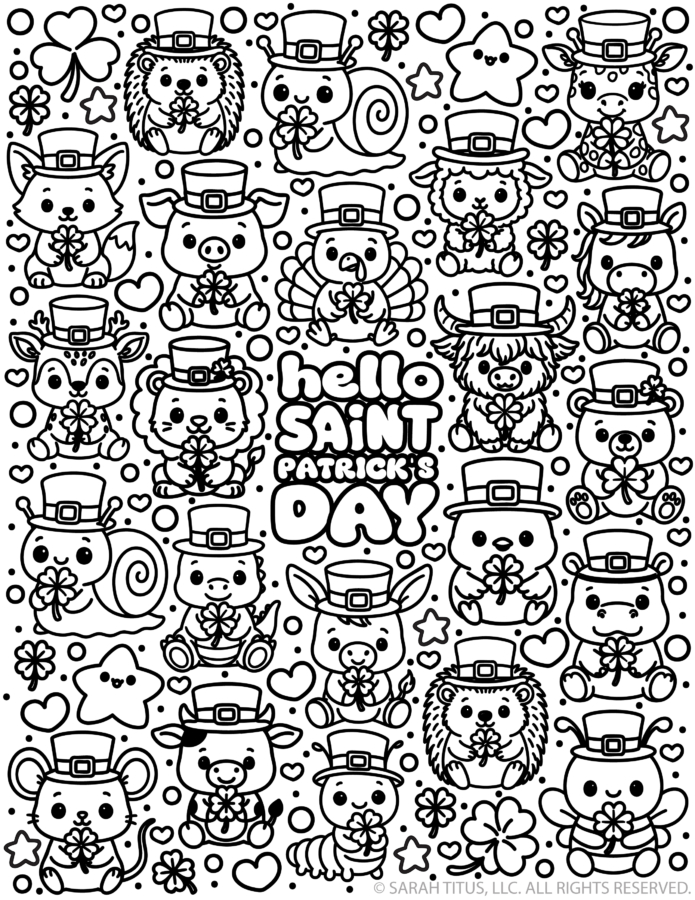 Black and white printable Saint Patrick's Day coloring page for kids featuring cute animals wearing leprechaun hats and holding shamrocks surrounding the text hello SAINT PATRICK'S DAY