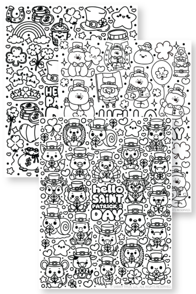 Three black and white printable Saint Patrick's Day coloring pages fanned out featuring cute animals wearing leprechaun hats shamrocks gold coins a rainbow and bears with the text hello SAINT PATRICK'S DAY