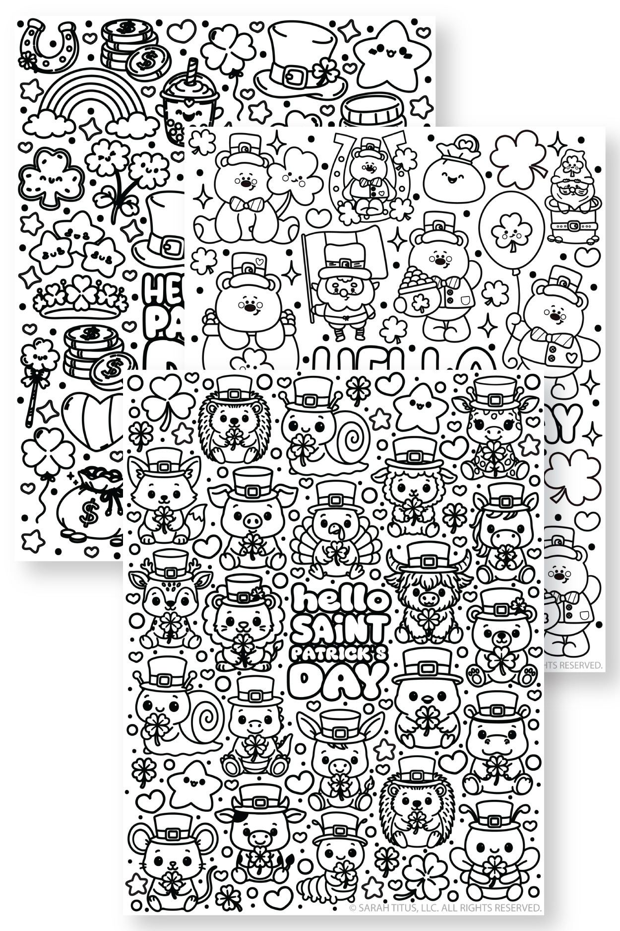 Three black and white printable Saint Patrick's Day coloring pages fanned out featuring cute animals wearing leprechaun hats shamrocks gold coins a rainbow and bears with the text hello SAINT PATRICK'S DAY