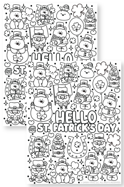 Free printable St. Patrick’s Day coloring sheet for kids with leprechaun hats, horseshoes, and clovers