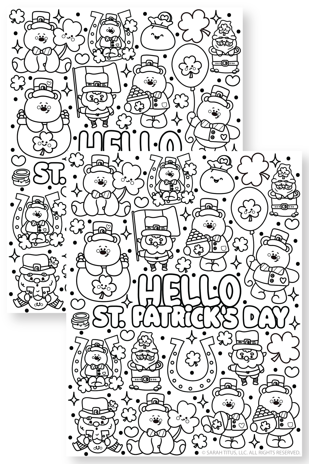 Free printable St. Patrick’s Day coloring sheet for kids with leprechaun hats, horseshoes, and clovers