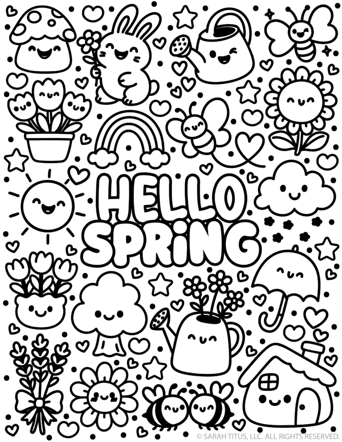 Free printable spring coloring sheet with kawaii bunny, watering can, sunshine, and hearts