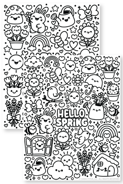 Free printable spring coloring sheets with kawaii bunny, umbrella, mushroom, bird, rainbow, smiling sun and lots of hearts and sparkles.