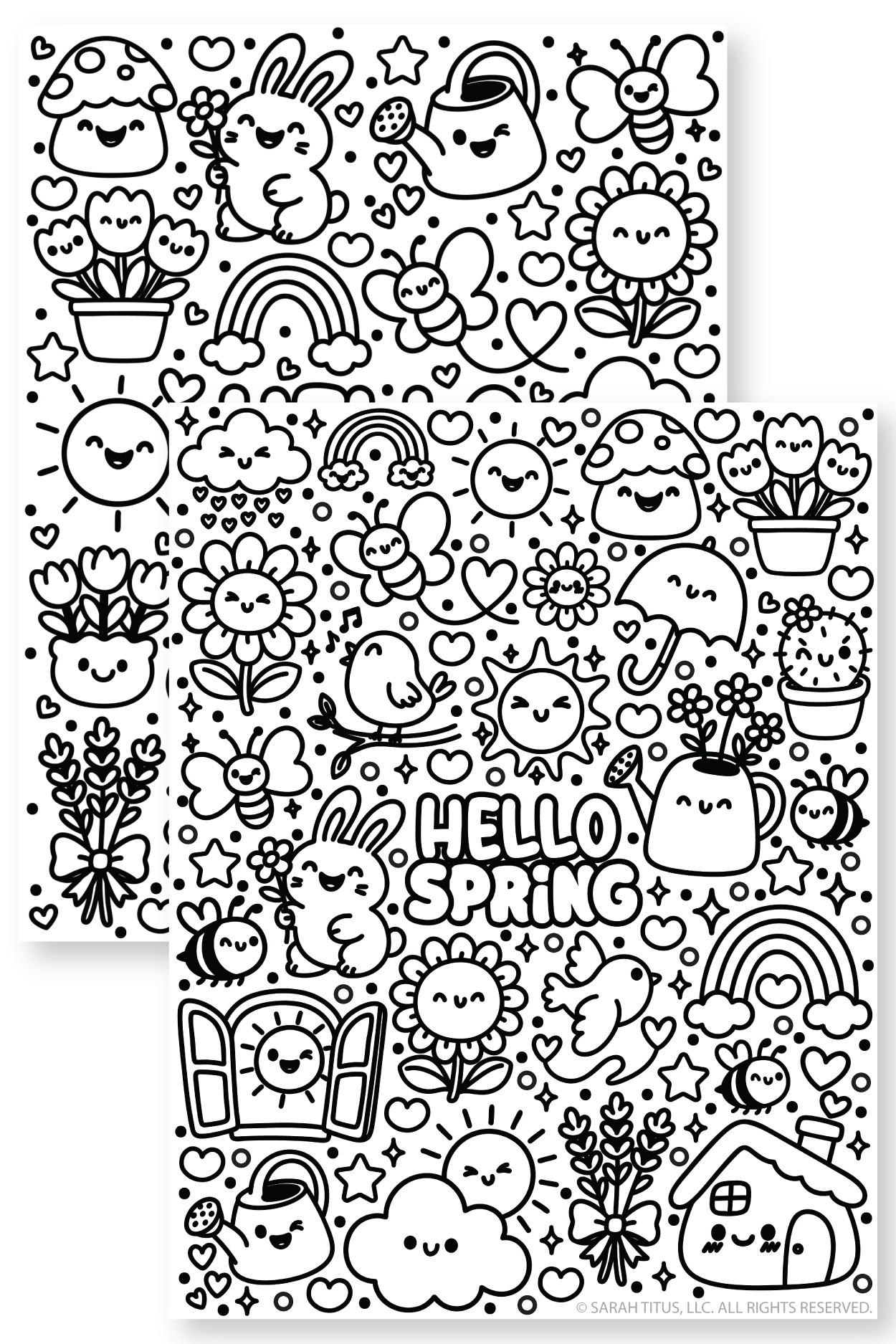Free printable spring coloring sheets with kawaii bunny, umbrella, mushroom, bird, rainbow, smiling sun and lots of hearts and sparkles.
