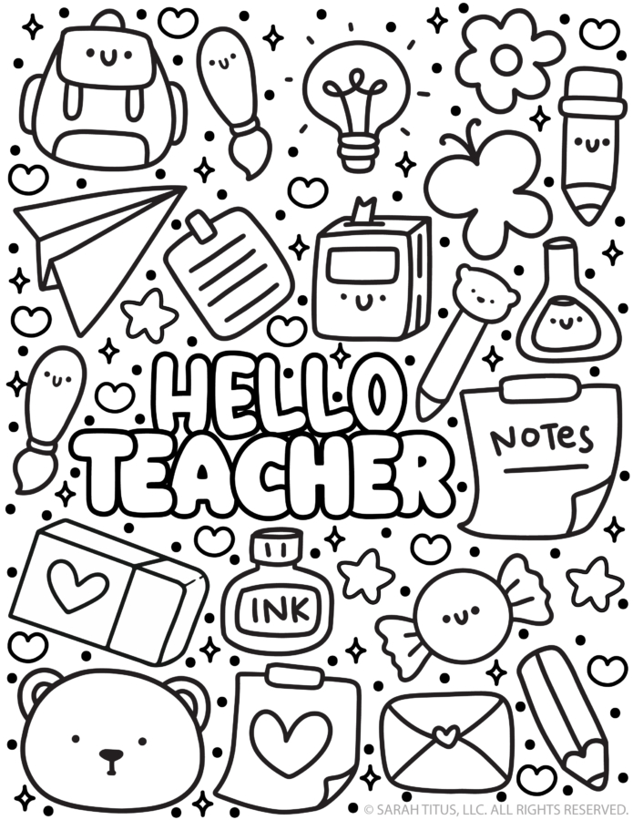 Hello Teacher coloring page with cute school supplies doodles and bold bubble letters