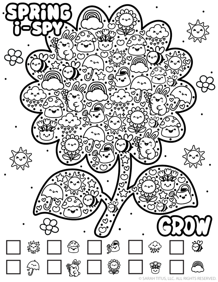 Spring i spy printable with kawaii tree filled with rainbows, bees, bunnies, mushrooms, umbrellas, and flowers
