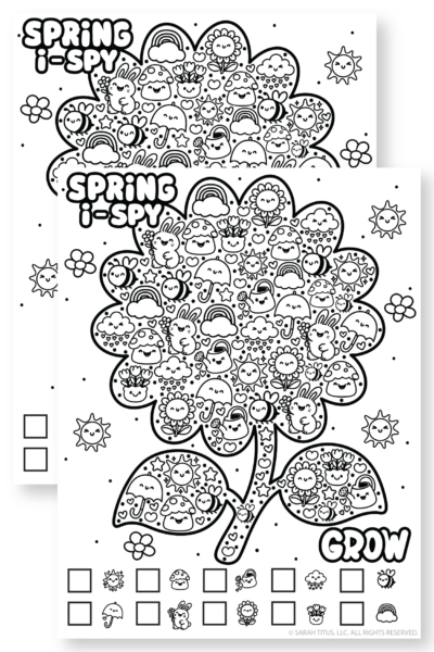 Free printable spring i spy search and find game in black and white with cute spring doodles