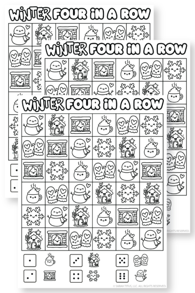 Winter four in a row game free printable with cute snowman, cocoa, mittens, gingerbread house, and snowflake icons