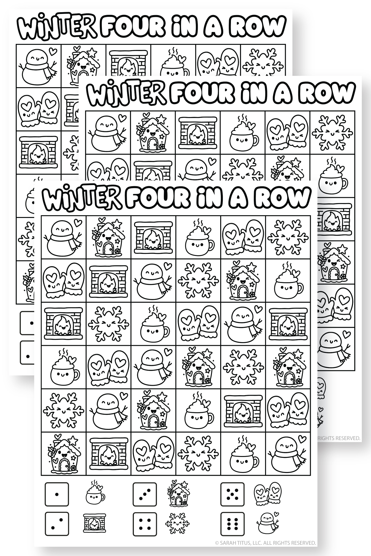 Winter four in a row game free printable with cute snowman, cocoa, mittens, gingerbread house, and snowflake icons