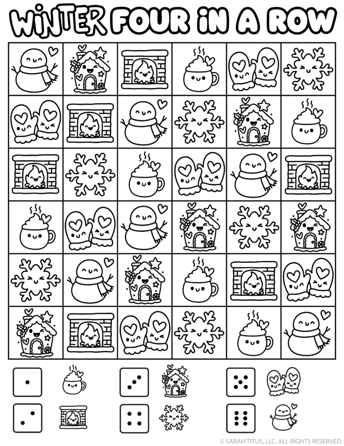 Free printable winter connect 4 style game for kids (winter four in a row board)