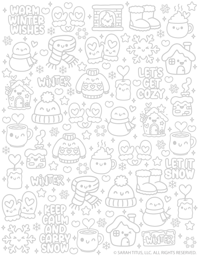 Free printable winter hand lettering doodles sheet with cozy phrases and cute winter icons