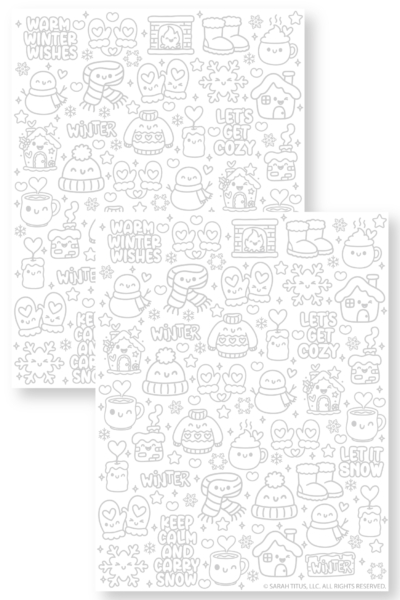 Winter hand lettering practice printable with kawaii snowman, mittens, cocoa, and snowflakes