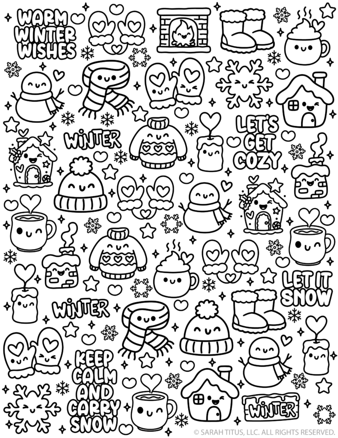 Free printable winter stickers with cute cozy phrases and kawaii winter icons to color and cut