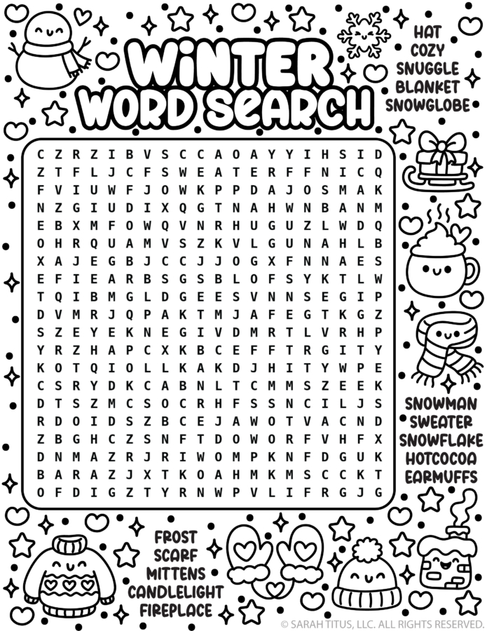 Black and white winter word search printable with cute doodles, a letter grid, and cozy word list including snowman, hot cocoa, mittens, scarf, and fireplace.
