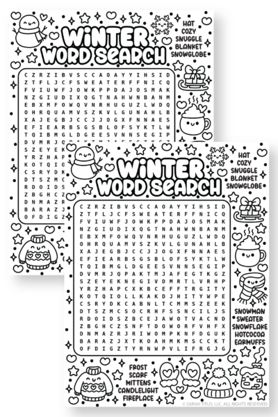 Winter word search printable in black and white with kawaii winter doodles, a large letter grid, and cozy theme words like hat, earmuffs, blanket, snowflake, and candlelight.