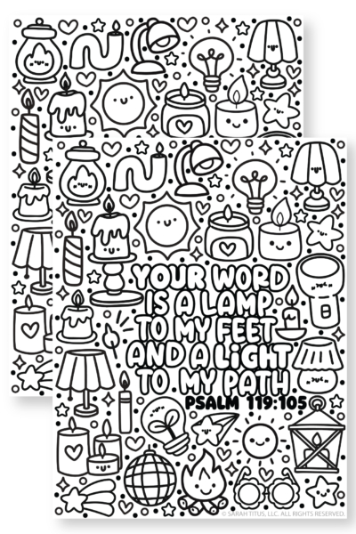 Psalm 119:105 Bible verse coloring page with cute lamps, candles, and stars