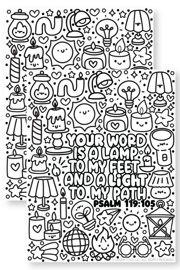 Psalm 119:105 Bible verse coloring page with cute lamps, candles, and stars