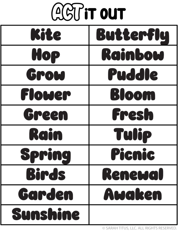 Spring act it out printable charades game with a two column table of spring vocabulary words including kite, hop, grow, flower, green, rain, spring, birds, garden, sunshine, butterfly, rainbow, puddle, bloom, fresh, tulip, picnic, renewal, and awaken.