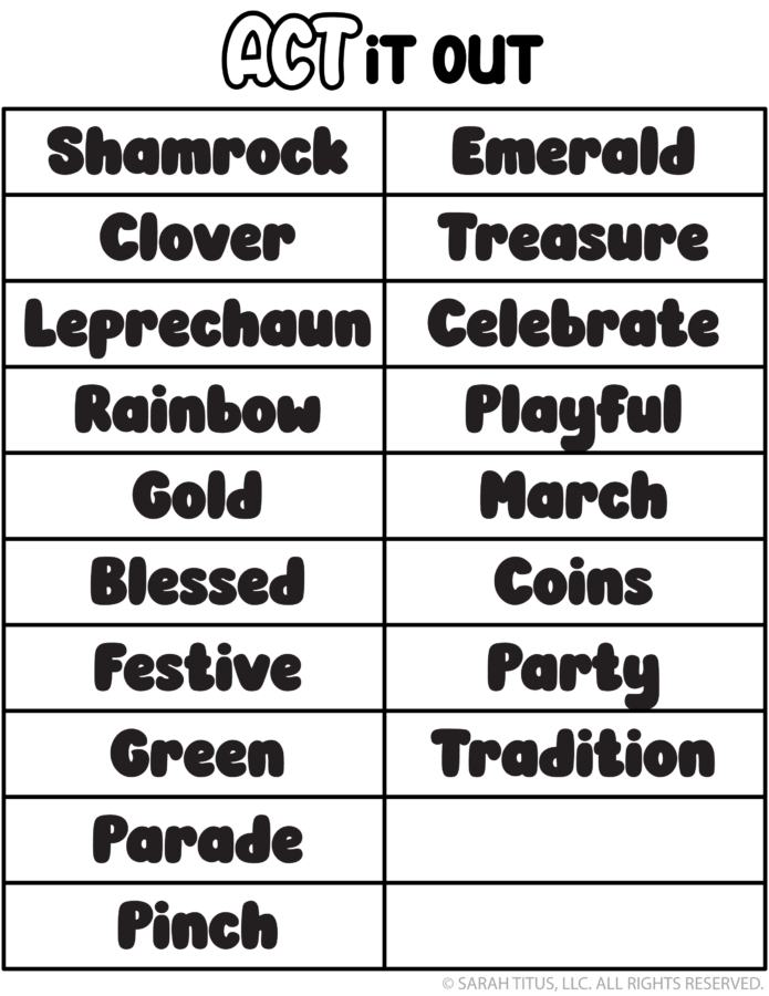 This St. Patrick's Day charades game printable's titled "Act It Out" and includes a grid of festive words like shamrock, gold, and leprechaun for kids to act out and play.