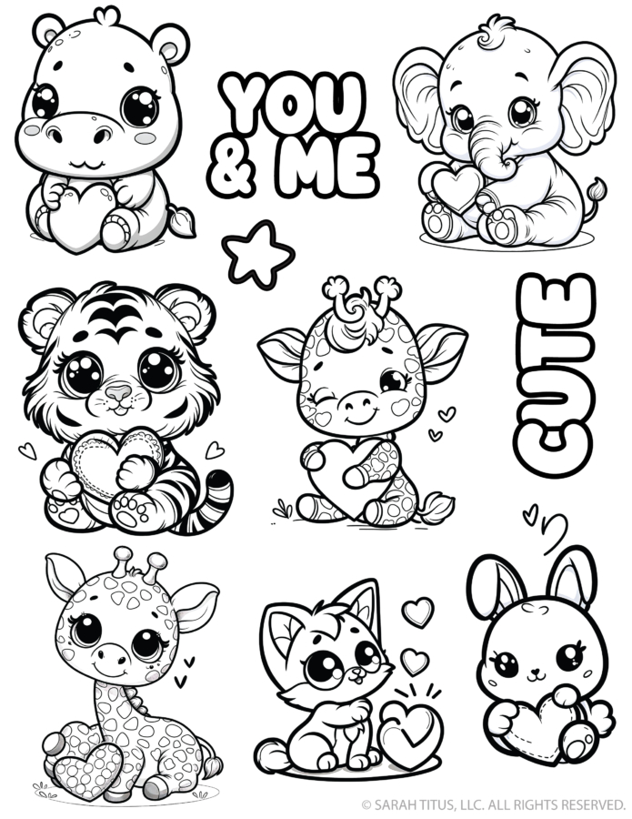 Adorable Valentine Party Box Decor: black and white Valentine box decorations to color with baby hippo, elephant, tiger, giraffe, and bunny holding hearts, plus you and me and cute word stickers.