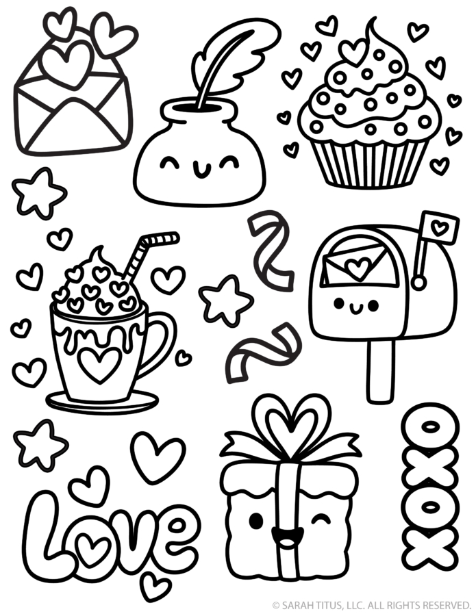 Classroom Valentine Mailbox Decorations: black and white Valentine box decorations printable with mailbox, envelope hearts, cupcake, hot cocoa, love and xoxo lettering, plus stars and hearts to color and cut