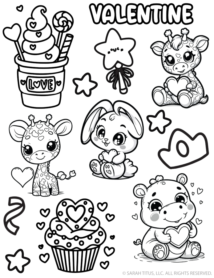 Cute Valentine Box Accessories Black And White: Valentine box stickers printable to color with Valentine lettering, cute baby giraffe, bunny holding a heart, hippo holding a heart, star wand, and a sweet treat cup.