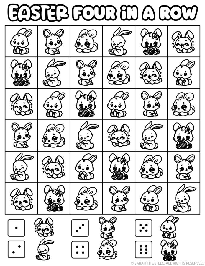 Easter Four in a Row printable game with adorable baby bunny characters as a fun black and white Easter coloring and matching activity for kids.