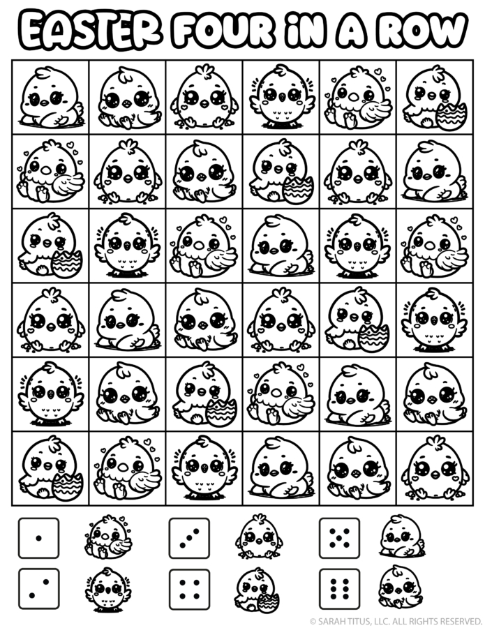 Easter Four in a Row printable game featuring cute baby chick illustrations in a black and white spring coloring activity for kids.