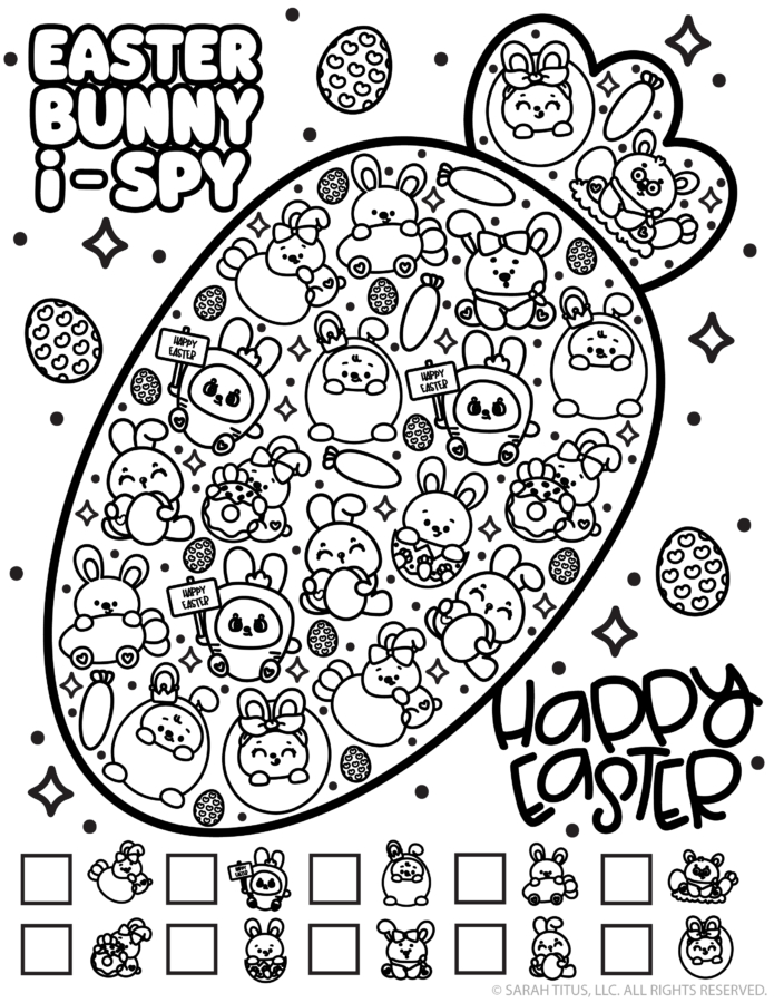A black and white Easter bunny carrot I-Spy activity page featuring a large carrot shape filled with adorable bunnies to count and color.