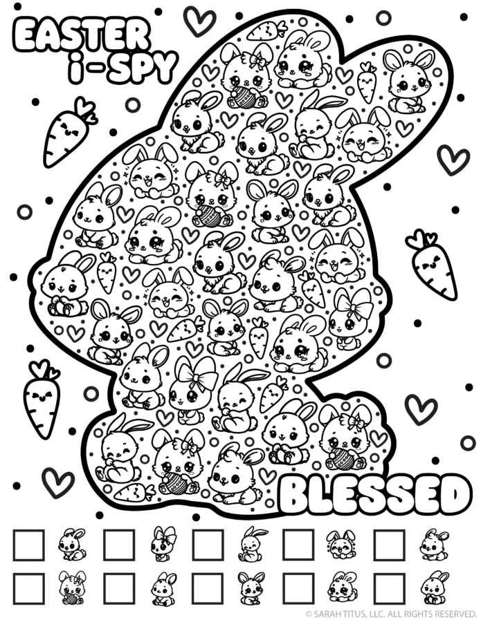 Free printable Easter bunny I-Spy seek and find in a bunny shape with hearts, carrots, and bunny faces