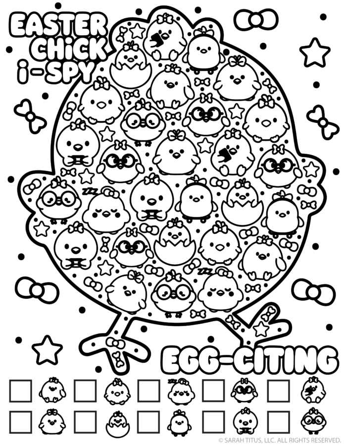 Free printable Easter chick I-Spy game with a chick shape filled with adorable chicks and Easter icons