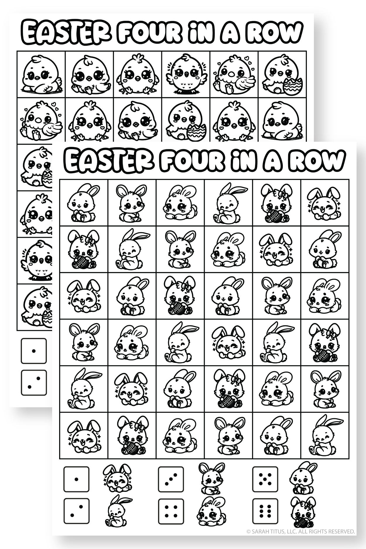 Easter Four in a Row printables featuring baby chick and baby bunny game boards in a black and white spring coloring activity for kids.