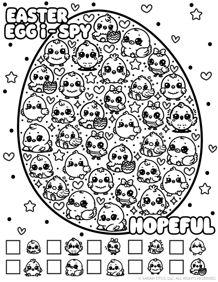 Free printable Easter I-Spy game with an egg filled with cute bunny characters, eggs, and Easter icons