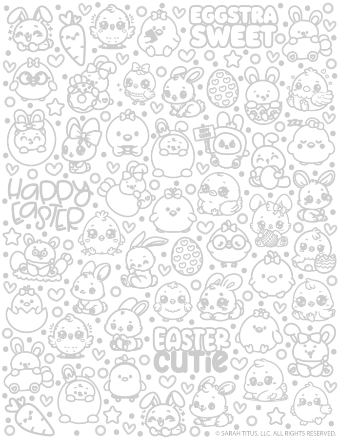 Colorable Easter hand lettering doodles printable filled with cute baby bunnies, chicks, decorated eggs, carrots, hearts, and playful phrases like “Eggstra Sweet,” “Happy Easter,” and “Easter Cutie.”