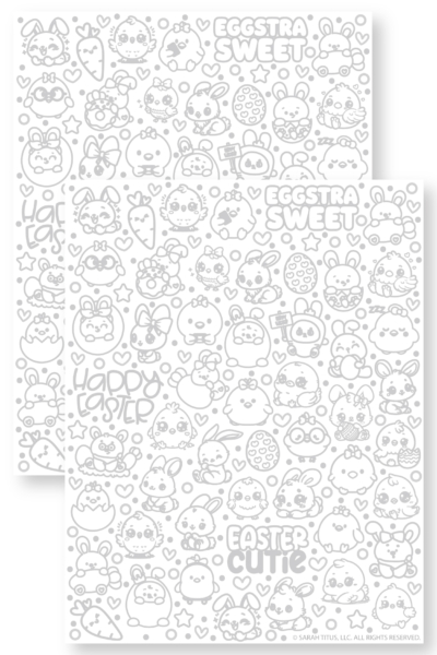 Printable coloring Easter hand lettering doodles page featuring kawaii-style bunnies, chicks, Easter eggs, carrots, stars, and spring doodles arranged in a fun, all-over pattern for kids.