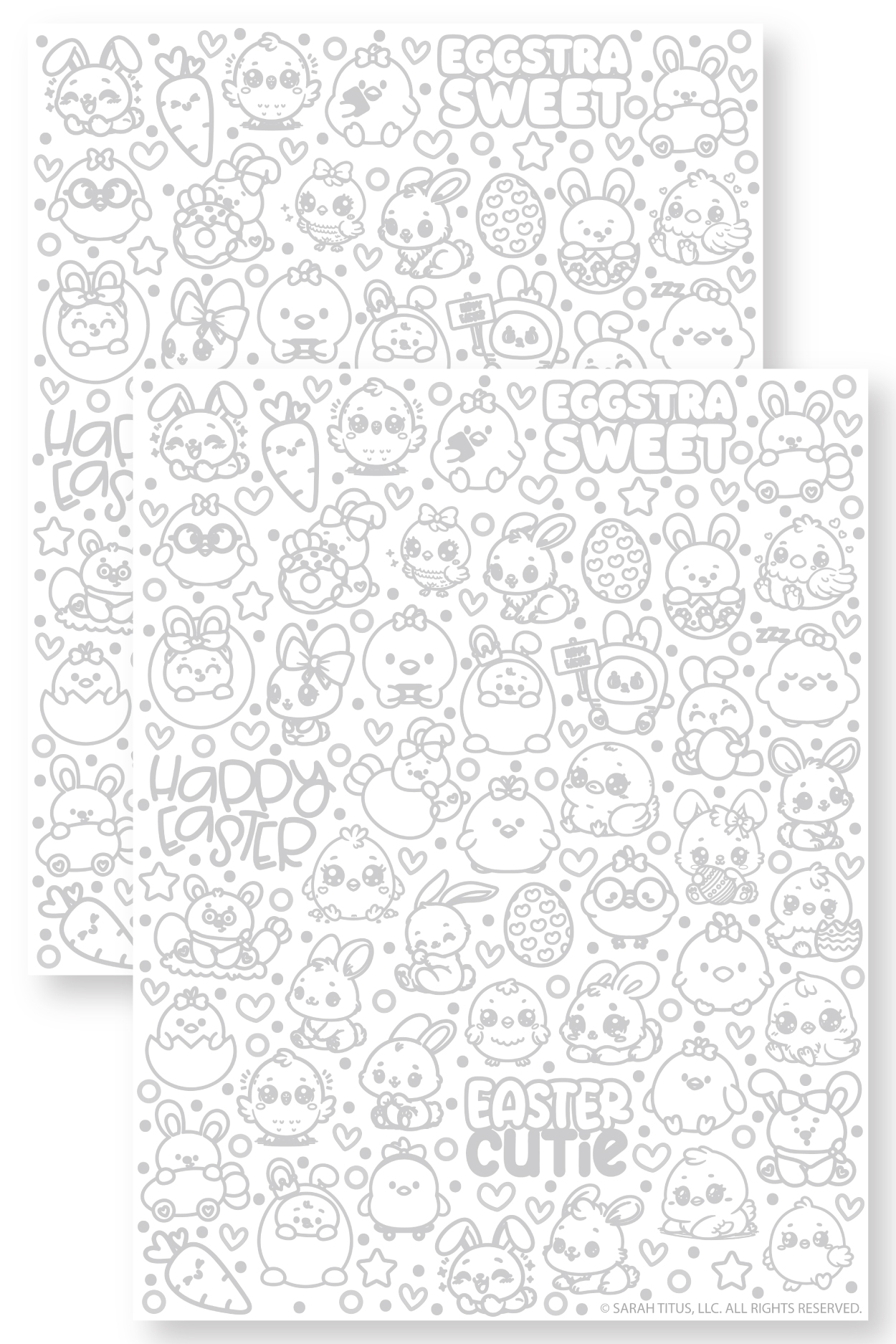Printable coloring Easter hand lettering doodles page featuring kawaii-style bunnies, chicks, Easter eggs, carrots, stars, and spring doodles arranged in a fun, all-over pattern for kids.