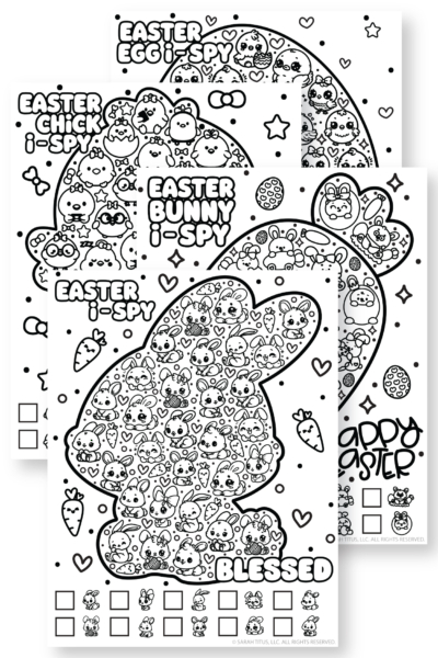 Featured image: Four free printable Easter I-Spy games including bunny, chick, and egg seek and find pages