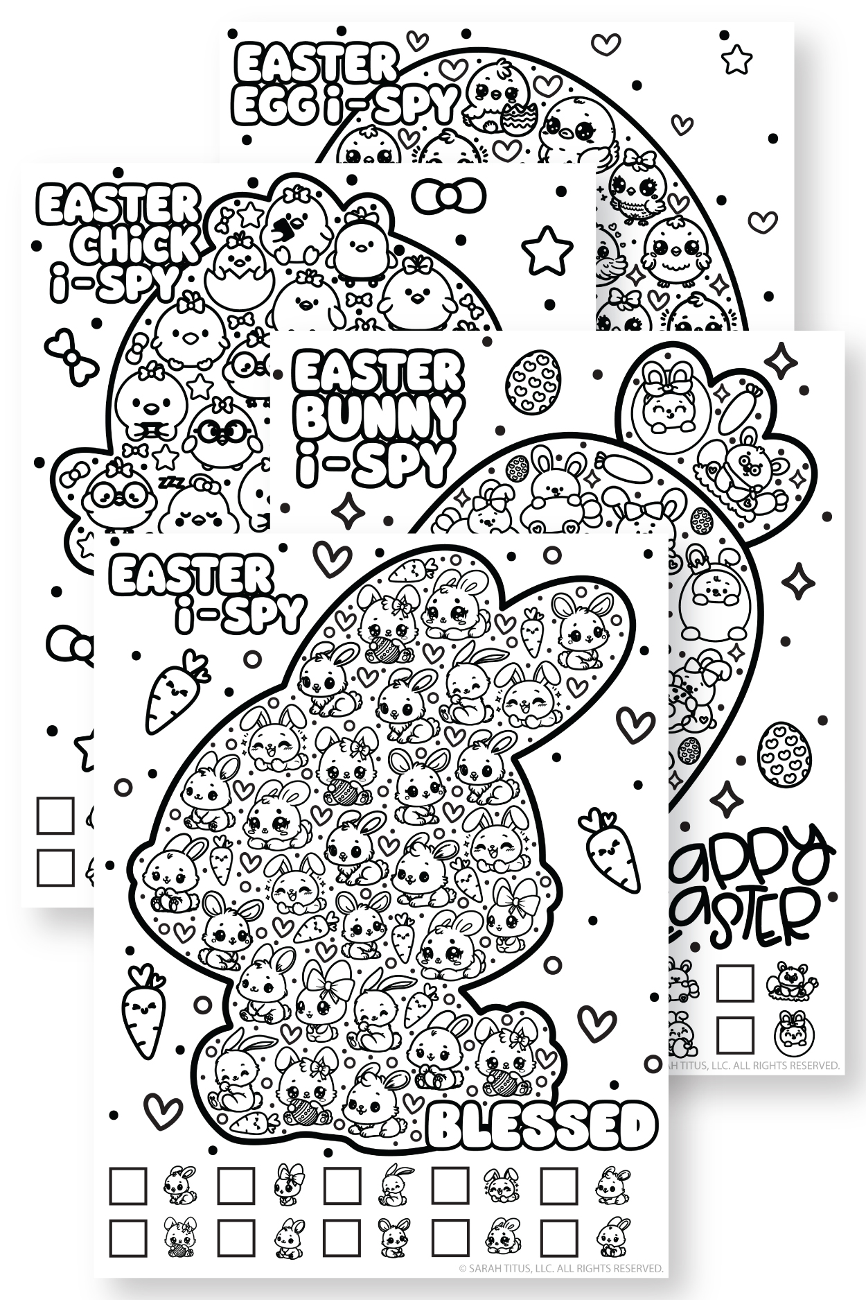 Featured image: Four free printable Easter I-Spy games including bunny, chick, and egg seek and find pages