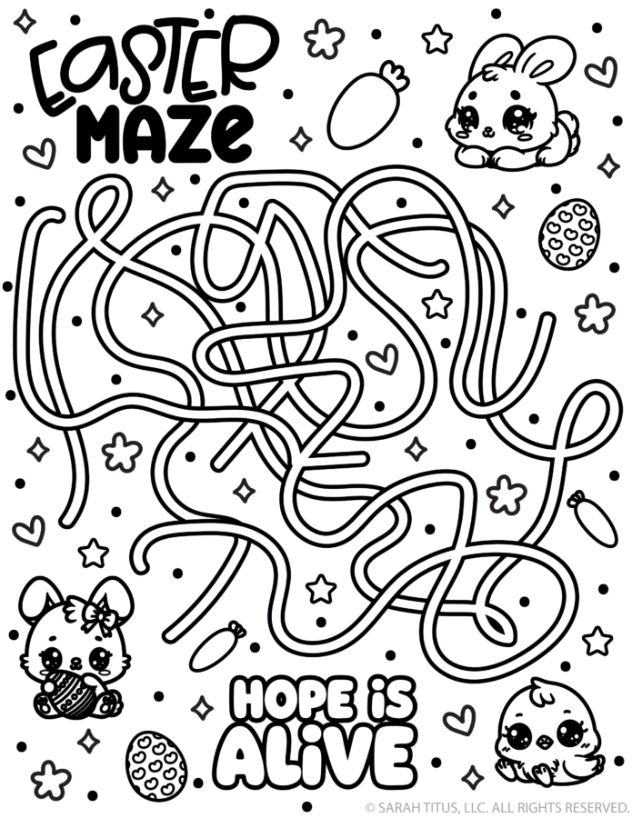 Easter maze printable for kids with cute bunny, chick, and egg illustrations and “Hope Is Alive” spring coloring page activity.