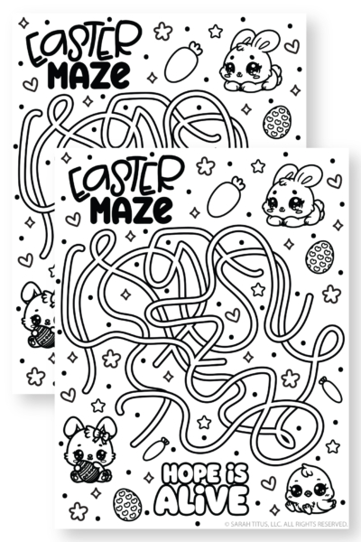 Free printable Easter maze coloring page featuring a tangled path puzzle surrounded by kawaii bunny, chick, carrots, and decorated eggs for spring fun.