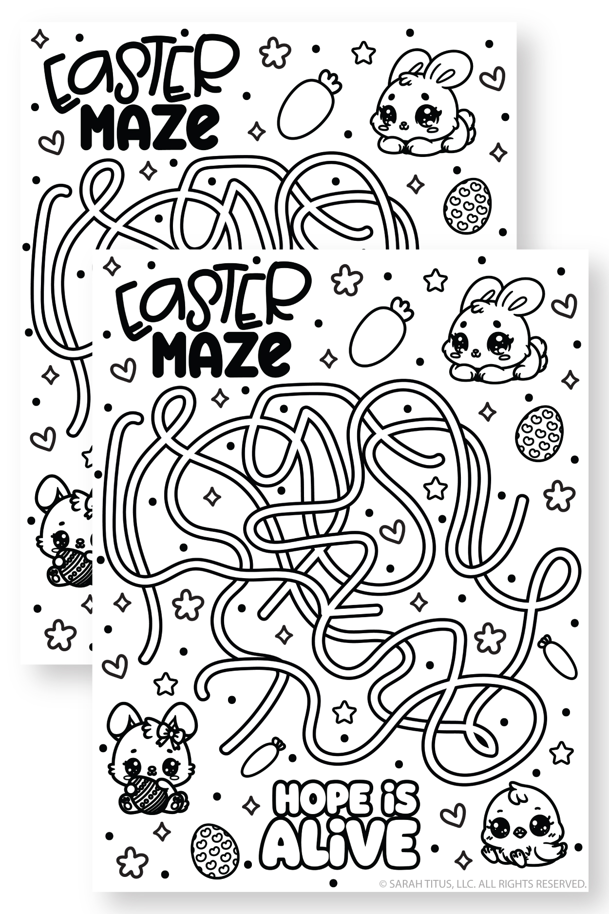 Free printable Easter maze coloring page featuring a tangled path puzzle surrounded by kawaii bunny, chick, carrots, and decorated eggs for spring fun.