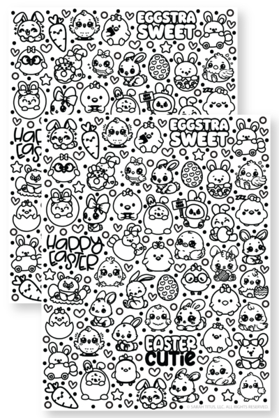 Black and white coloring Easter printable sticker set with adorable baby bunnies, chicks, decorated eggs, carrots, and sweet spring phrases like “Eggstra Sweet” and “Easter Cutie” for kids coloring fun.