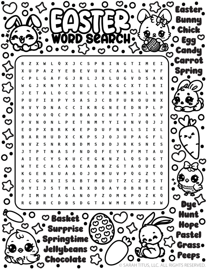 Easter word search printable for kids featuring bunny, chick, egg, carrot, and spring-themed vocabulary with cute black and white coloring illustrations.