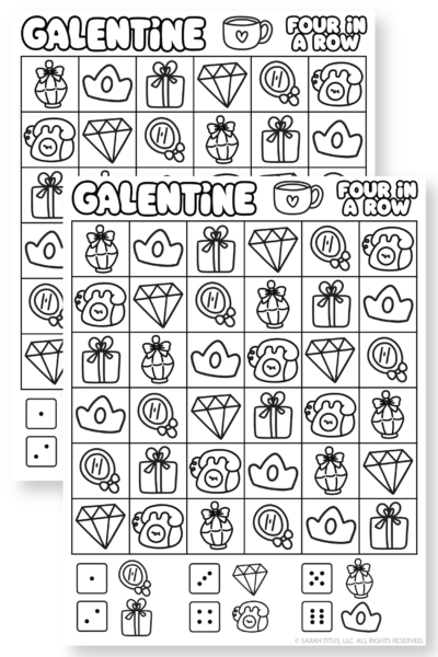 Galentine Four in a Row printable game for friends with Valentine themed icons perfect for Galentine’s Day fun.