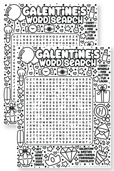 Galentine’s Day word search for friends featuring Valentine icons and friendship words for a fun activity.