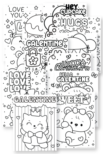 Collage preview of 12 Galentine’s Day coloring pages with cute bears, cats, cupcakes, donuts, hearts, and xoxo designs